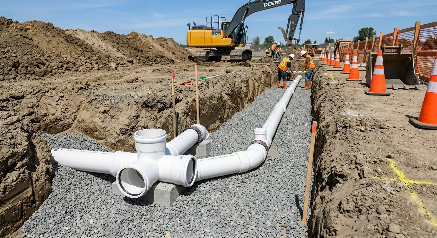 New PVC sewer pipe installation in open trench for Grease Trap Cleaning in Santa Clara