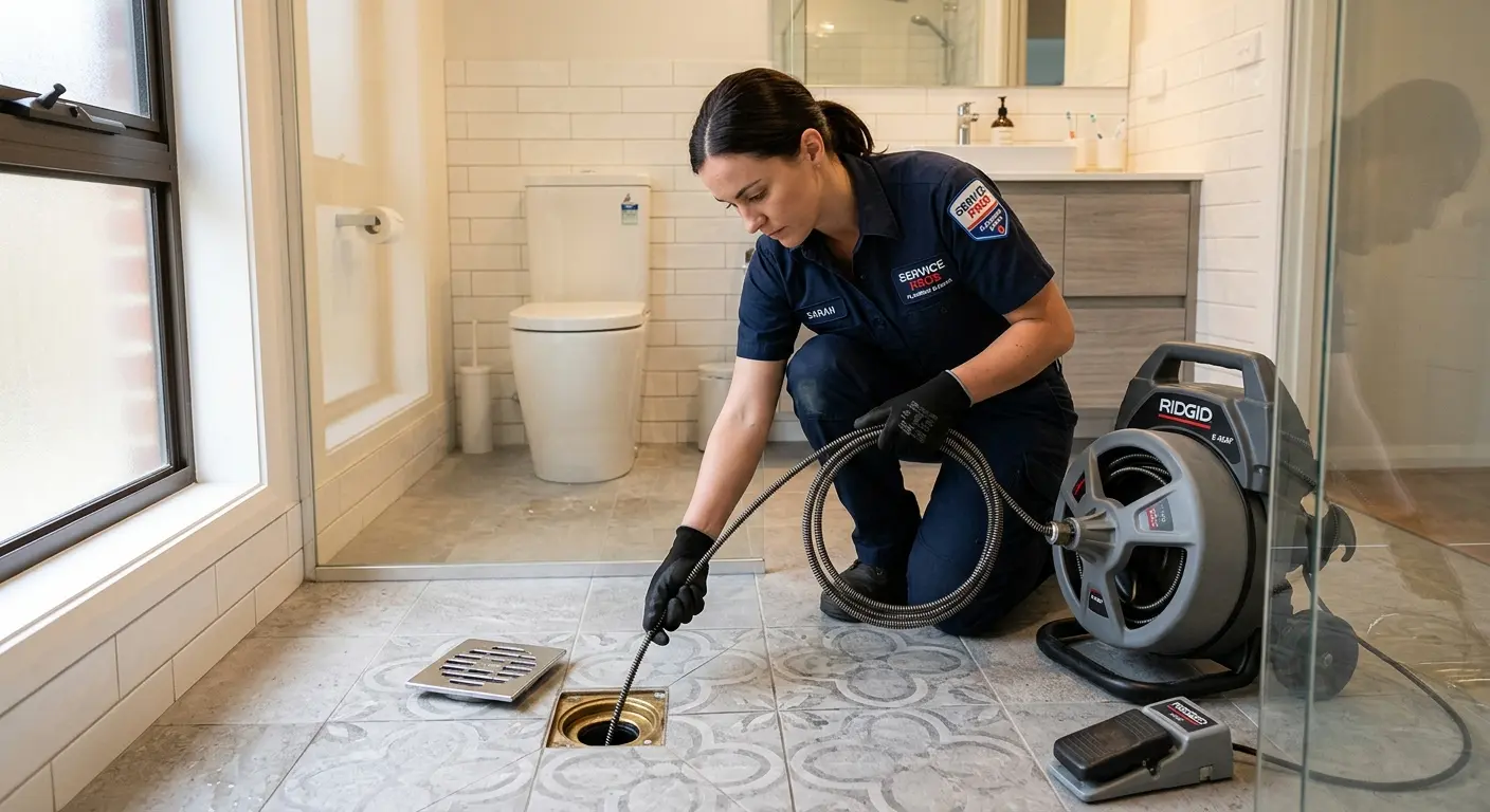 Technician clearing a bathroom floor drain for Sewer Line Replacement in Santa Clara
